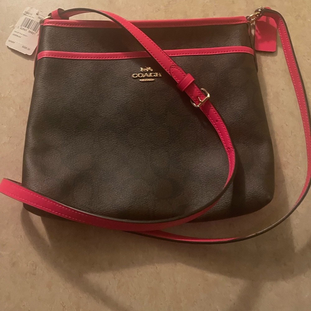 NWT!! Coach Sig FILE Crossbody Handbag Brown/ Bright Fuchsia